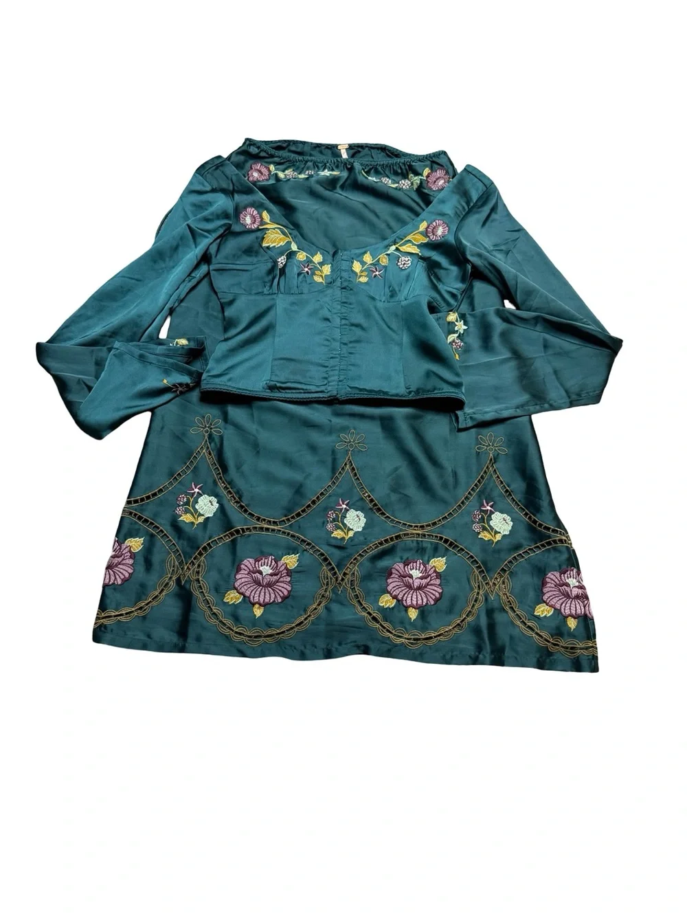 ✨🌲 Free‎ People Autumn Bloom Midi Skirt Set XS Embroidered Forest Green 🌲✨